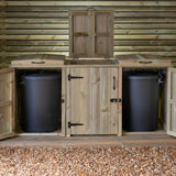 triple bin storage with 2 doors either end open and middle unit lid open for easy access