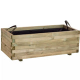 Wooden planter box with handles on a white background