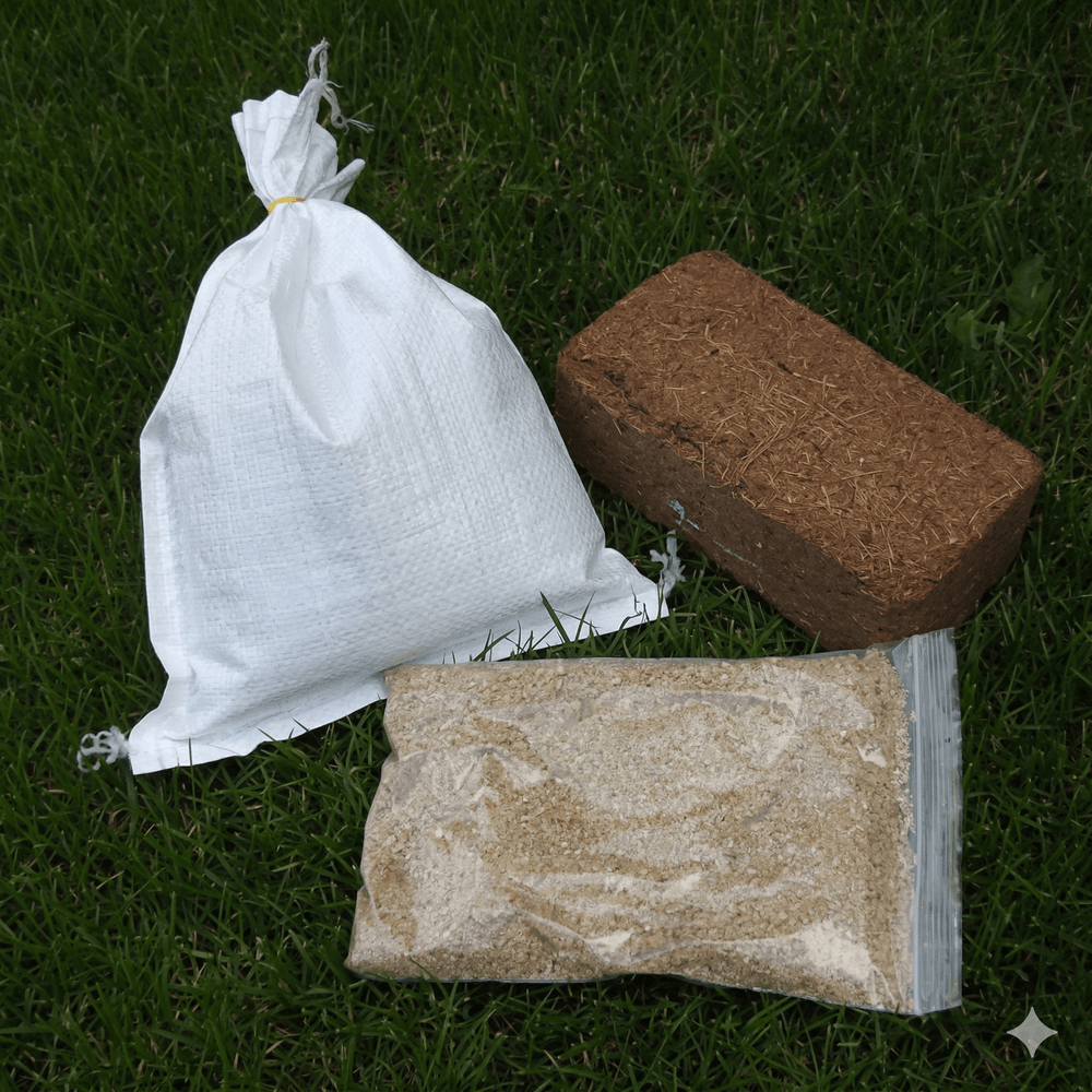 brown coir block, worms and lime starter kit on grass background