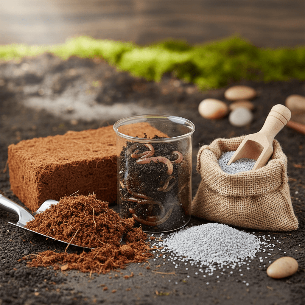 Coir, tub of worms and vermiculite on soil this is all for a wormery