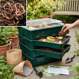 wormery starter kit i garden showing someone adding food waste to it and whats included in kit