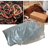 The image shows a collection of items included in the Wormery Starter Kit. It features a close-up of tiger worms in soil, a coir block, and a sealed bag of lime mix.