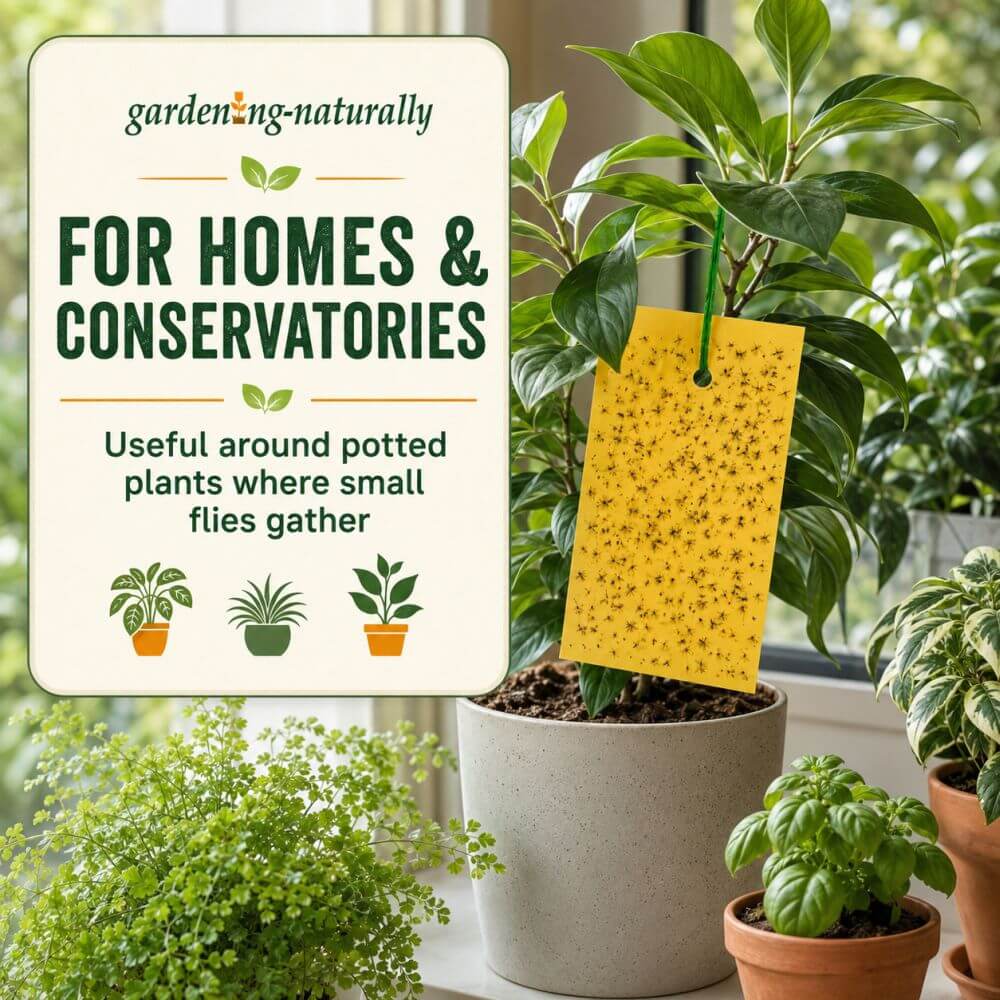 A gardening product display featuring a yellow sticky fly trap card hanging from a potted houseplant. The scene includes a large text overlay on the left reading 'gardening-naturally FOR HOMES & CONSERVATORIES' and shows multiple potted plants in a bright indoor setting.
