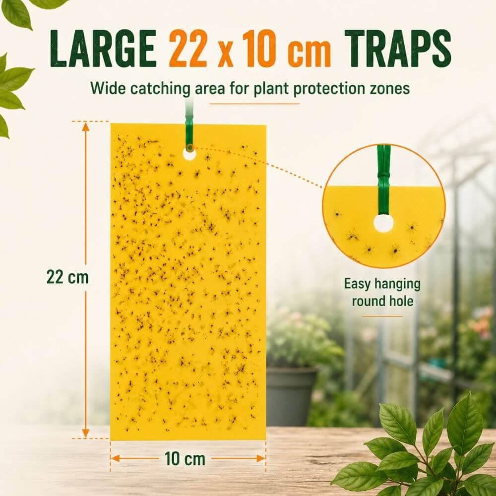 A large yellow insect trap with a hanging hole, shown with text reading 'LARGE 22 x 10 cm TRAPS' and dimension callouts. The image includes a circular inset showing the hanging hole and a blurred garden background with plants.